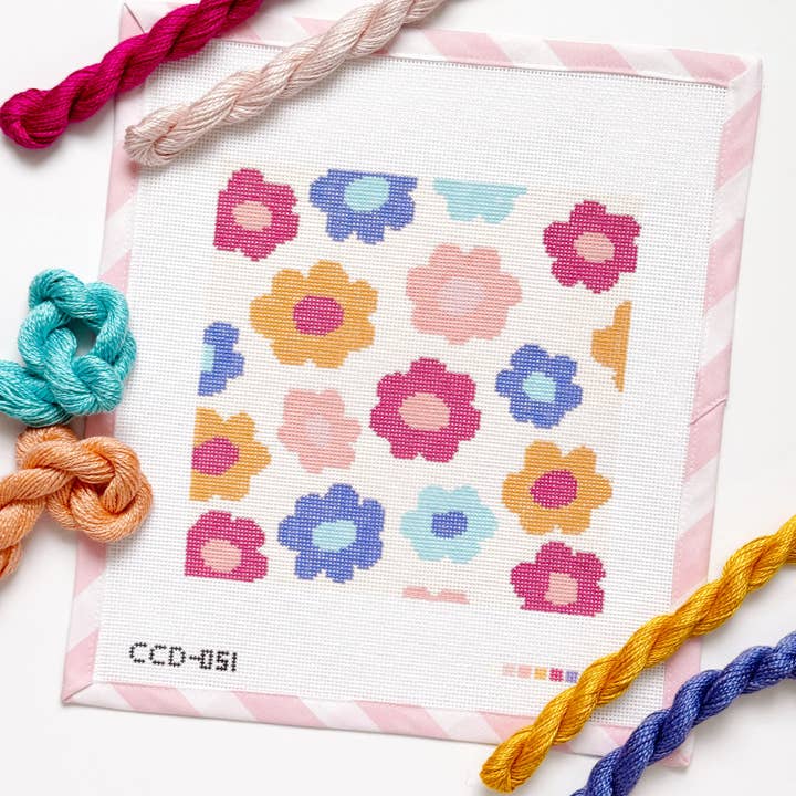 Cotswold Co Designs - Wholesale Embroidery/Cross Stitch Supplies - Retro Flower Pillow Needlepoint Canvas | Hand-Painted 13 Mesh | 8.5” x 8.5” Design on 12” x 12” Canvas | Ready to Ship1