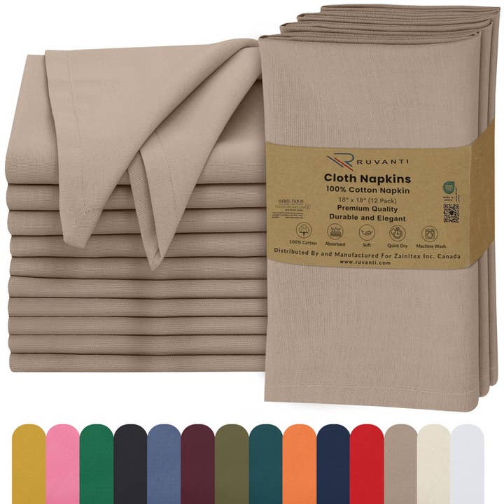 Box of 288 Cloth Napkins Set, 18x18 inch,100% Cotton,12Pack for wholesale by Ruvanti