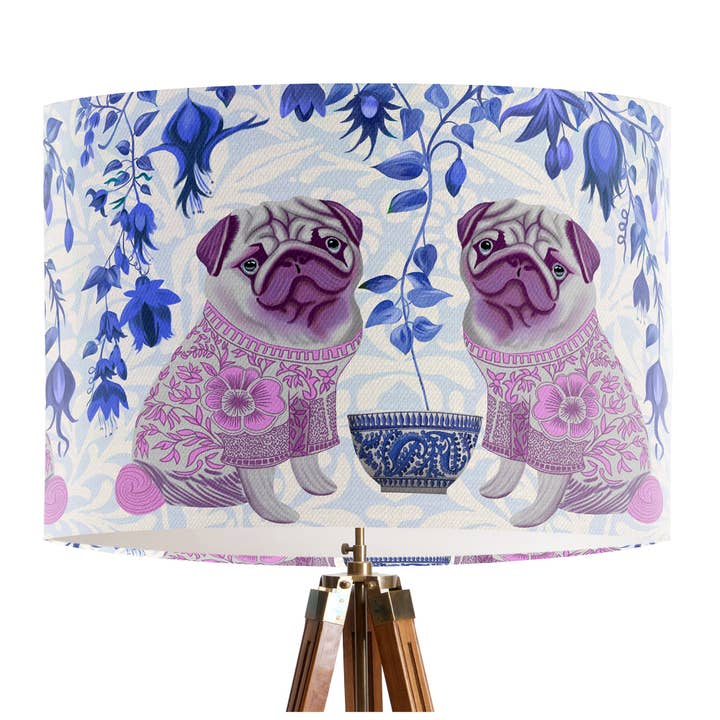 Chinoiserie mops hund tvilling rosa blå vit lampskärm paket med 3 för wholesale av FabFunky Ltd