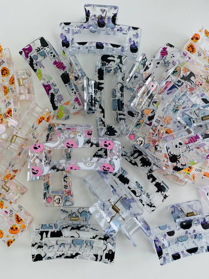 20 pack of Clear Halloween Print Claw Clip Assortment for wholesale by The Wildflower Company