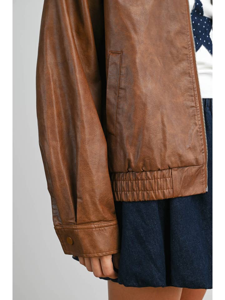 BUTTERMELON - Wholesale Jacket - Women's - Collared Zip-Front Leather Jacket - BMJ796837