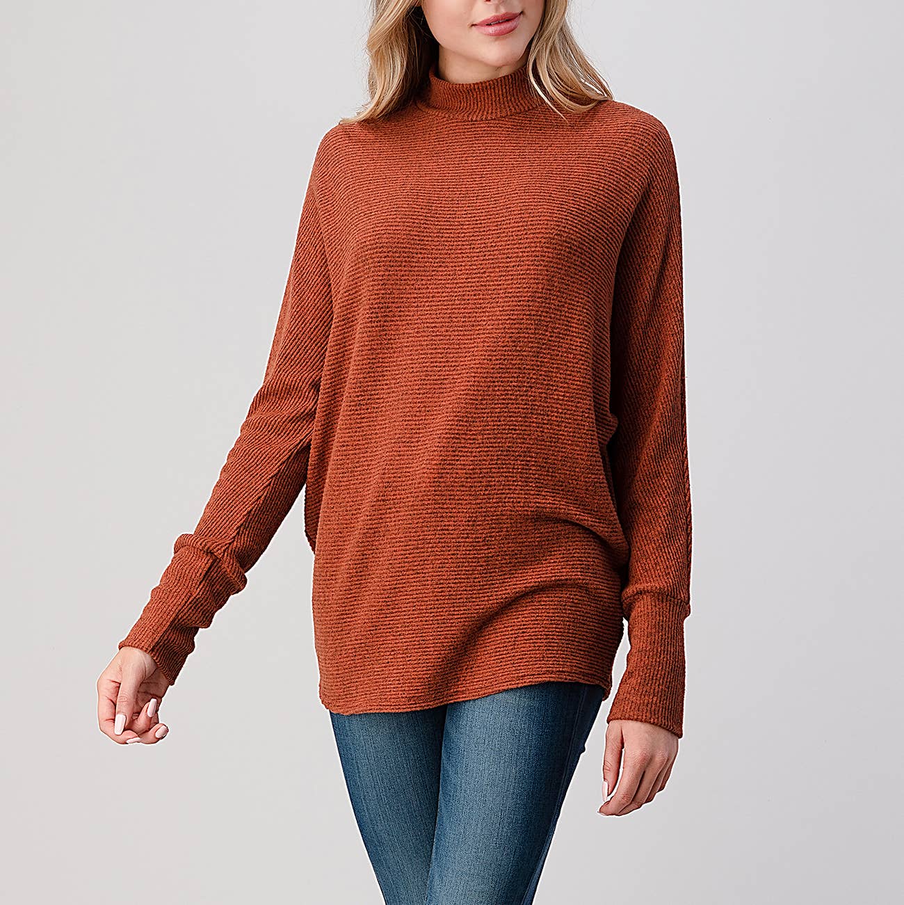 Heimious - Wholesale Knit Top - Women's - Mock Neck Long Dolman Sleeve Ribbed Knit Top, T26115
