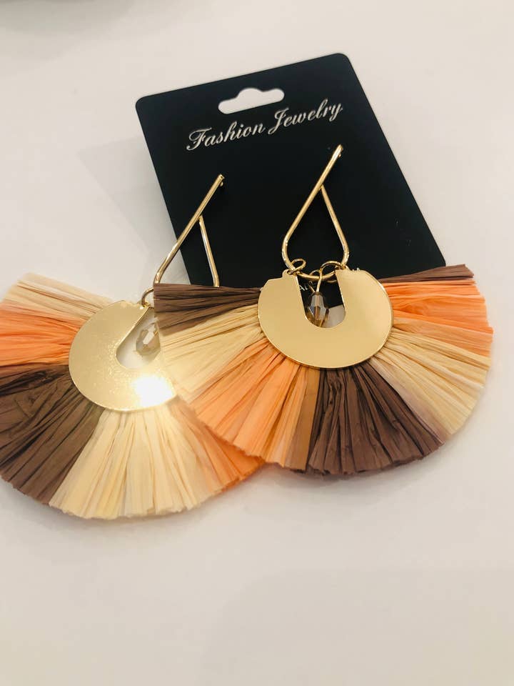 Drop Colored Fan Earrings on Matt Gold Base Bohemian for wholesale by LAZYDAISYSWIMWEAR