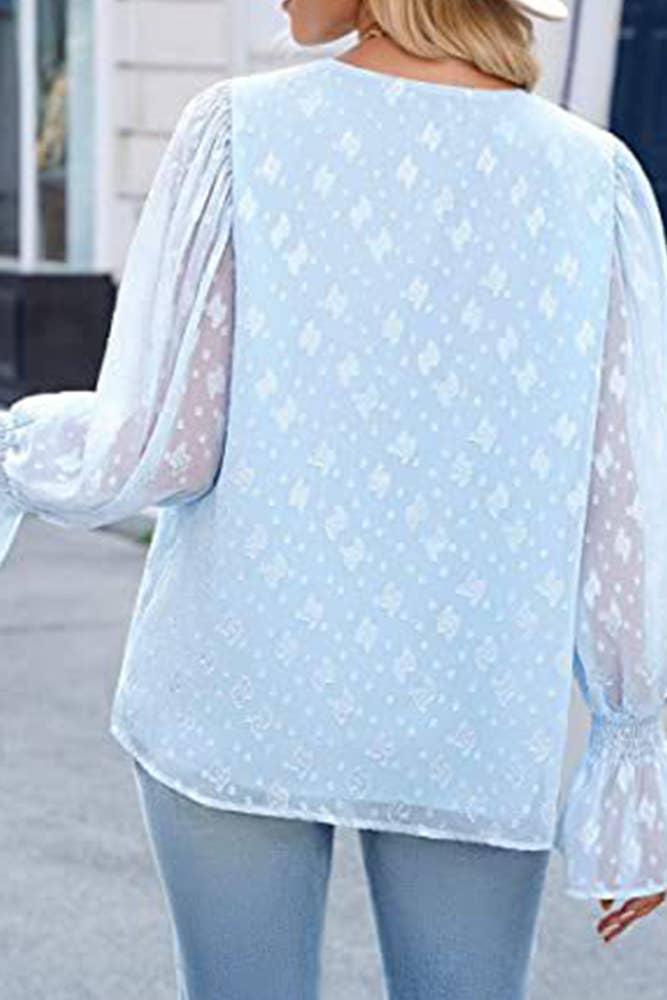 UNISHE - Wholesale Blouse - Women's - V Neck Lace Sheer Flare Sleeves Blouse AXR0053