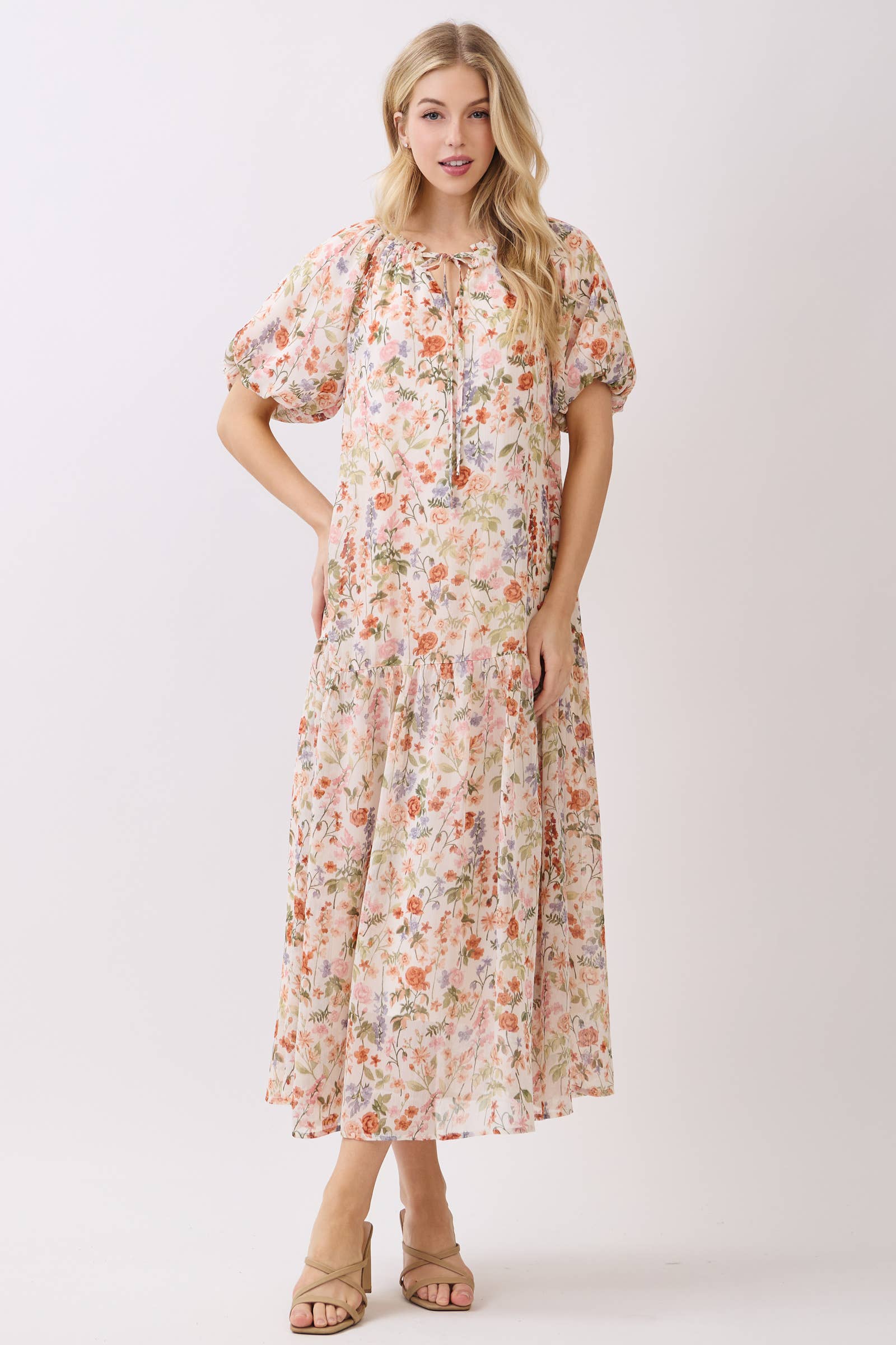 Calista - Wholesale Dress - Women's - BALLOON SLEEVE TIERED MIDI DRESS - VJD42906