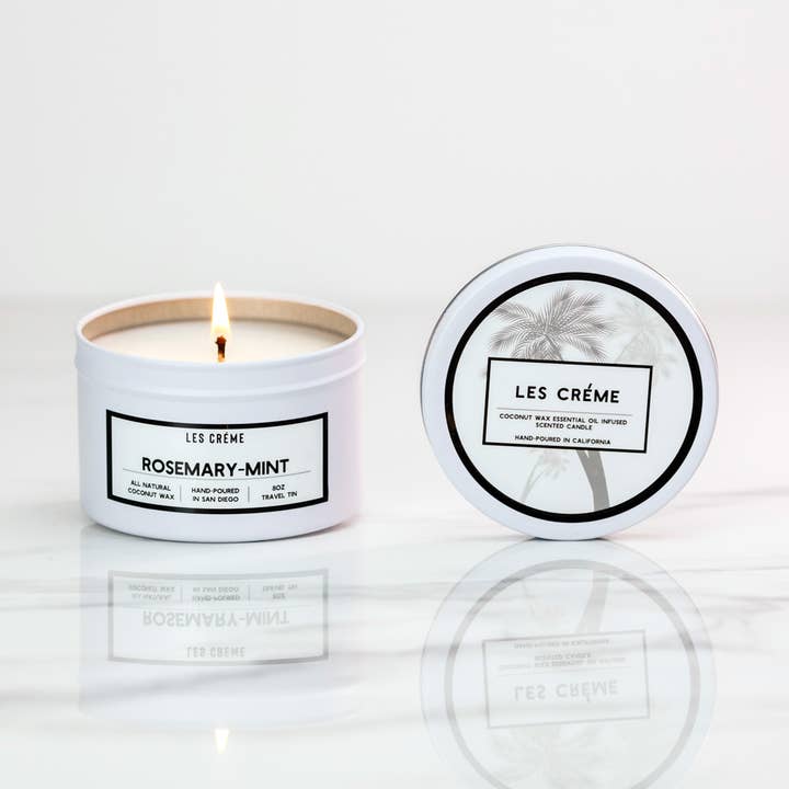 Funny Flames Candle Co - Les Creme - Wholesale Travel Candles - Rosemary Mint Organic Coconut Wax CandleTravel Tin 8 oz0