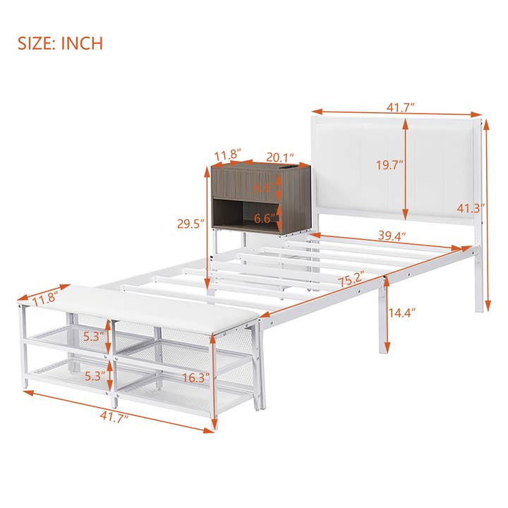 White Twin Metal Platform Bed with Storage Shelves & Cabinet for wholesale on Faire5