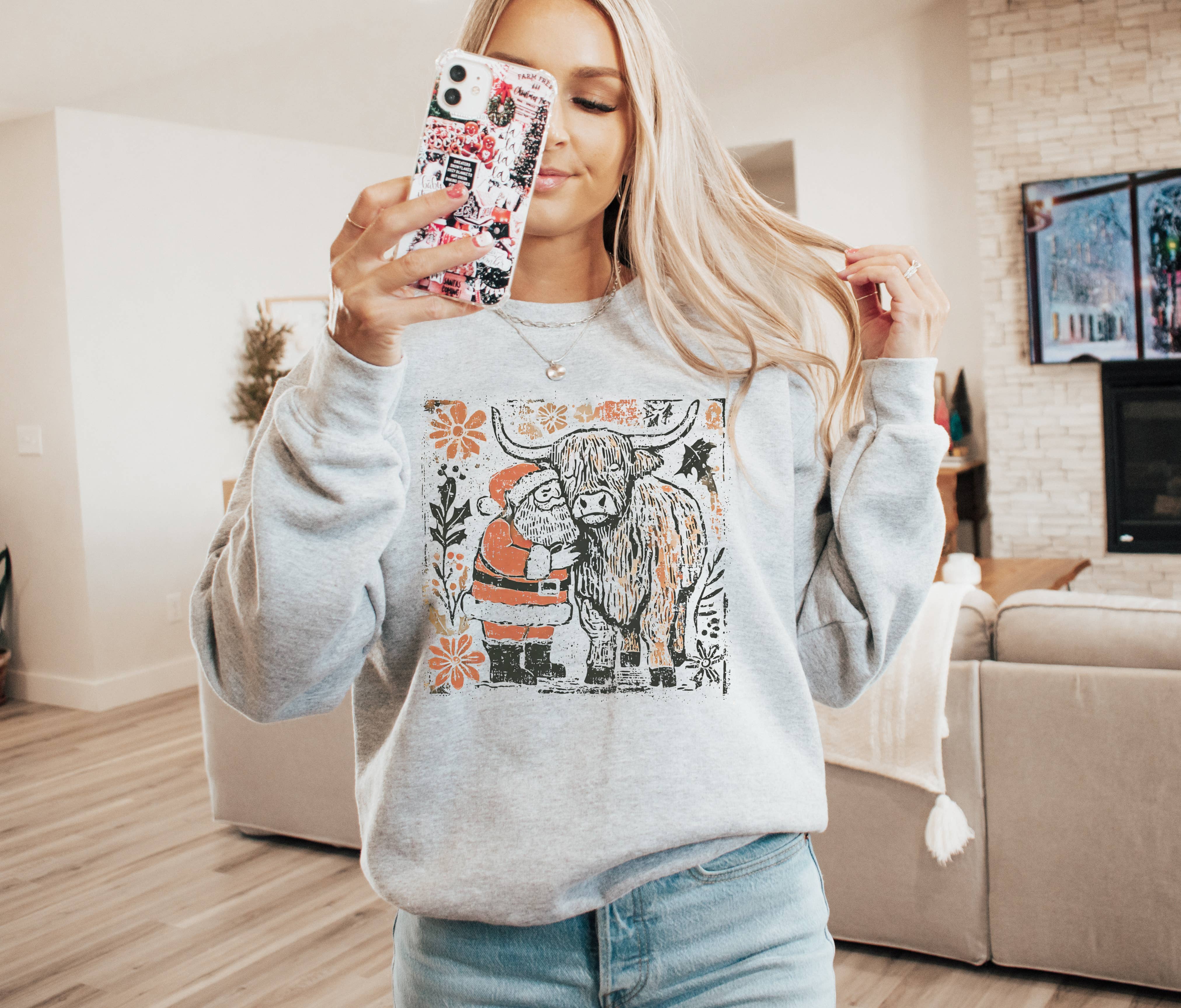 Amy Anne Apparel Inc - Wholesale Graphic Sweatshirt - Women's - Vintage Santa Highland Cow Crewneck Christmas Sweatshirt  0