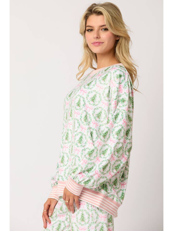 IVORY LT GREEN PINK Christmas Tree & Bow Prints Loungewear Top for wholesale on Faire