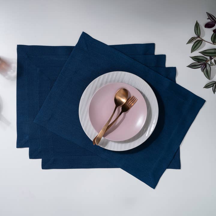 Navy Blue Faux Linen Placemats 14 x 19 Inch Set of 4 for wholesale by D'Moksha