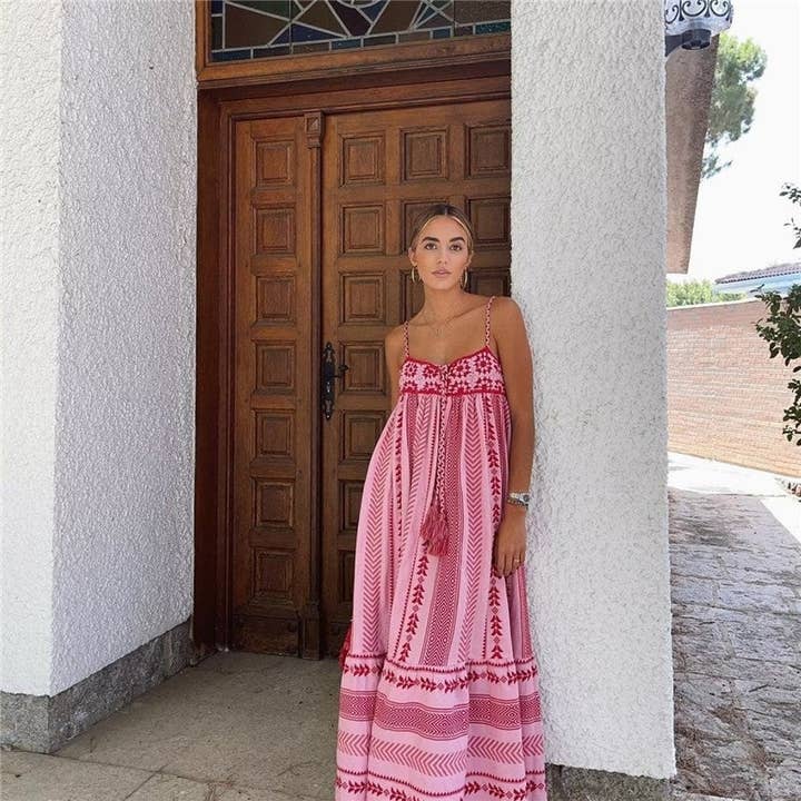 Casual Printed Fringe Halter Maxi Dress for wholesale by FurDecoration