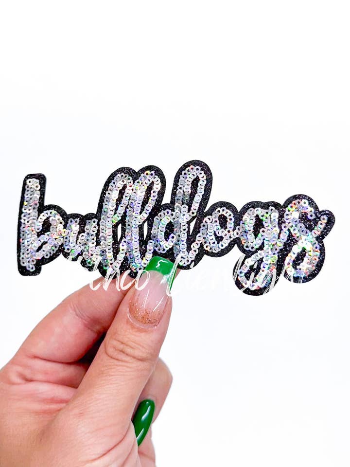 Bulldogs Cursive Sequins Iron On Patch-Silver for wholesale by ABLNco