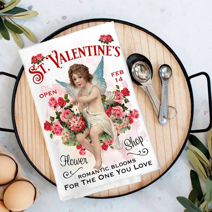 Vintage Cupid Angel St. Valentine's Tea Towel for wholesale by Avery Lane Gifts