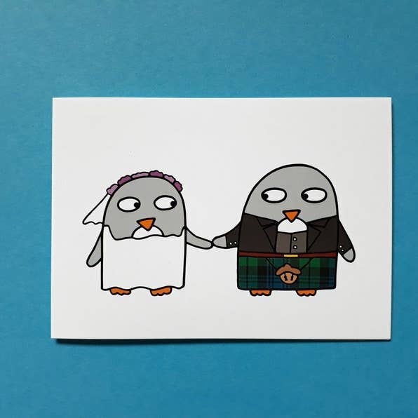 Biglietto di auguri per matrimonio scozzese per la vendita all'ingrosso da parte di Penguin Parade