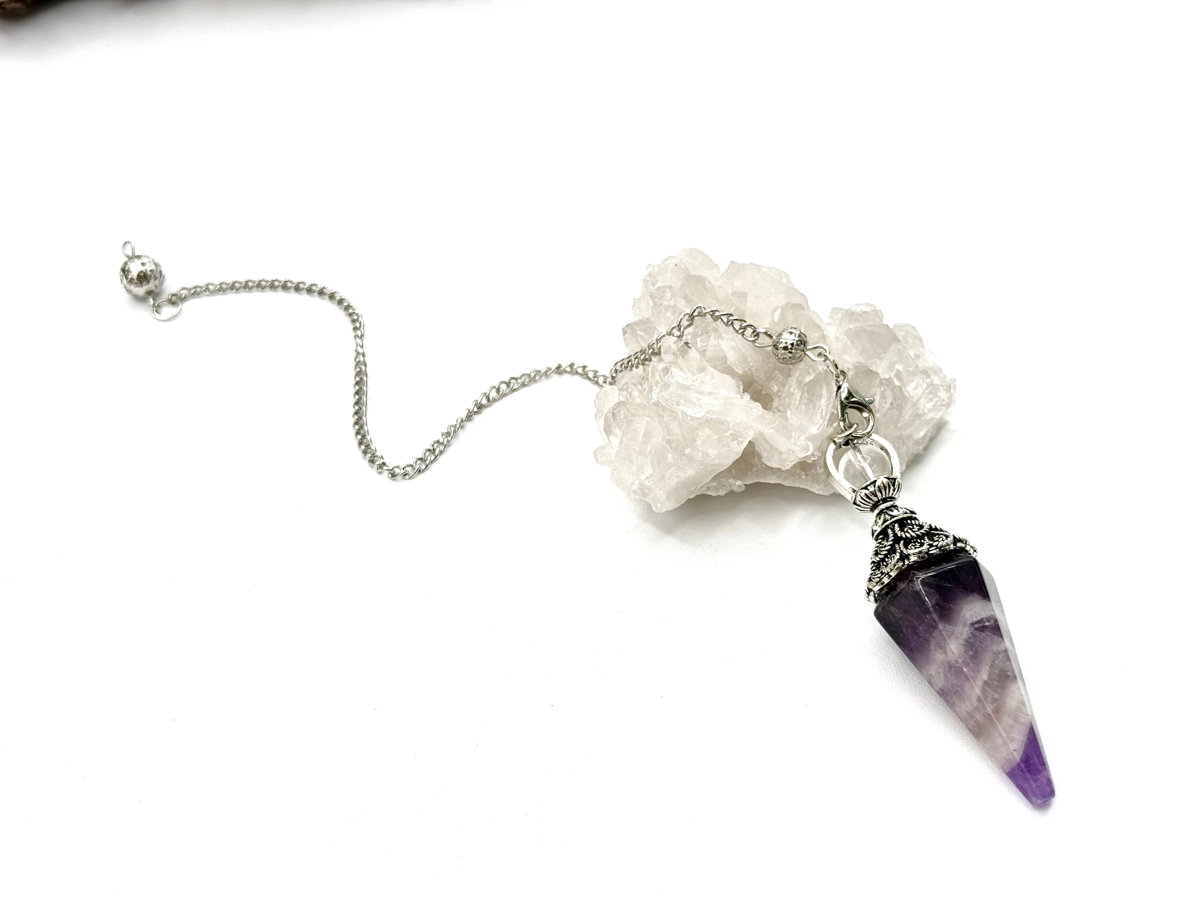 Meraki Gemstones - Wholesale Pendulum Board - Amethyst Double Cap Pendulum with Silver Plate Chain2