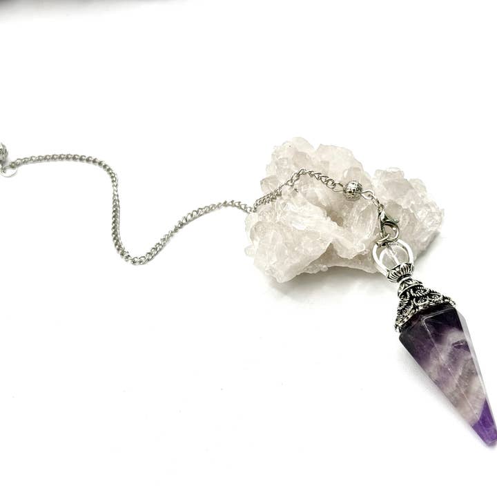 Meraki Gemstones - Wholesale Pendulum Board - Amethyst Double Cap Pendulum with Silver Plate Chain2