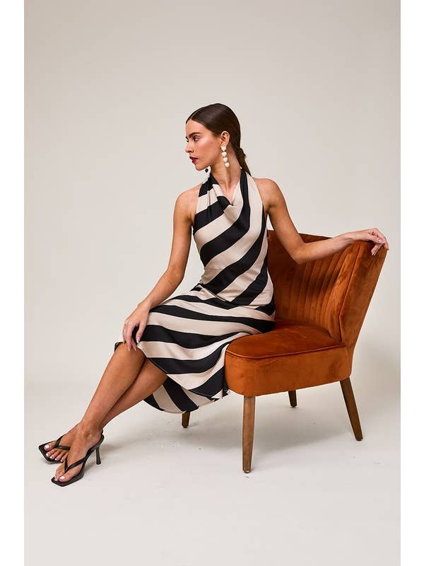 Taupe black Stripe HALTER COWL NECK MIDI DRESS for wholesale on Faire