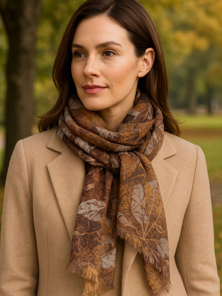 Écharpe en laine et modal pour femme DLUX Folio, imprimé feuille (70x180cm) pour la vente par DLUX Scarves