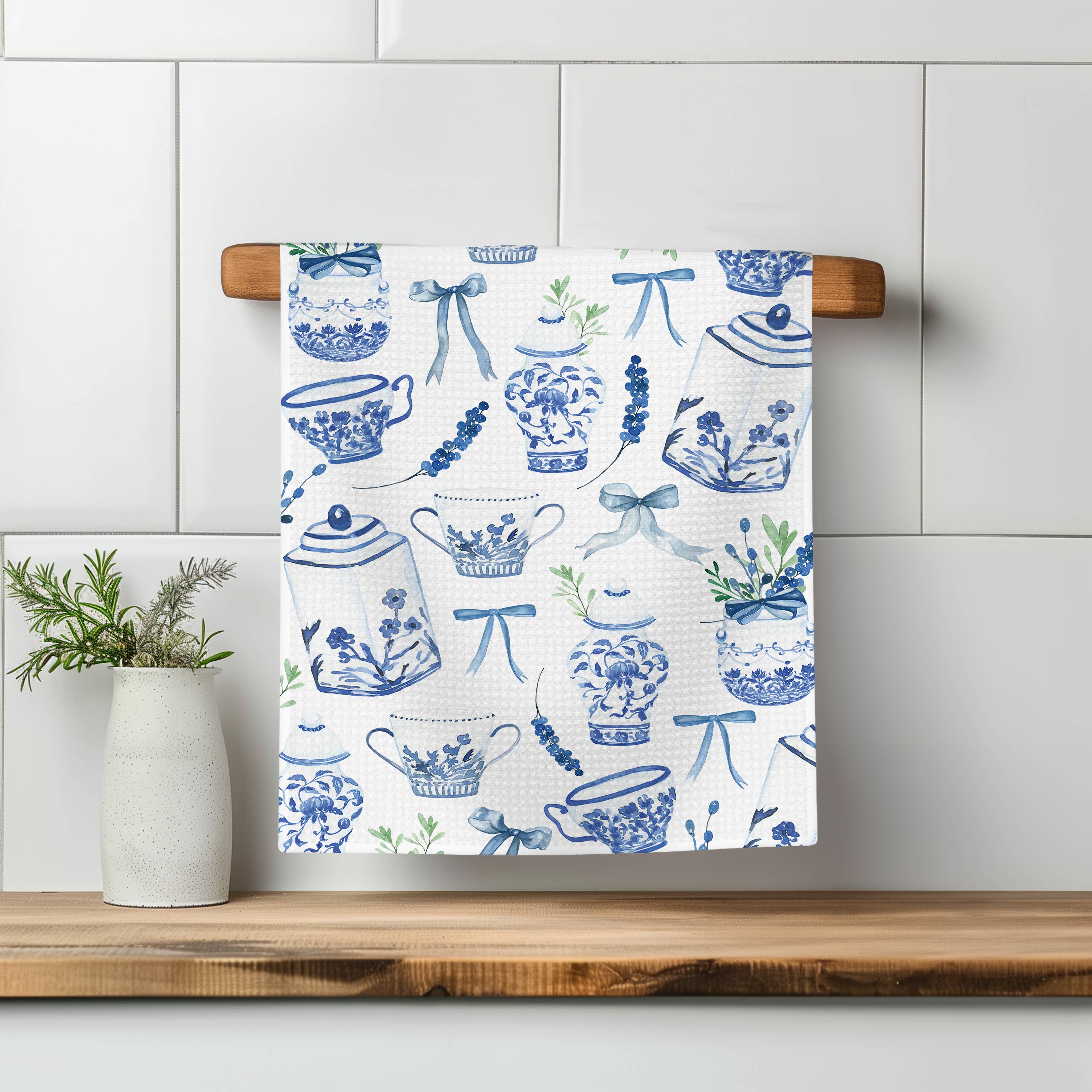 Canary Road - Wholesale Tea Towel - Chinoiserie Floral Kitchen Towel Vase Blue White Spring Bow3
