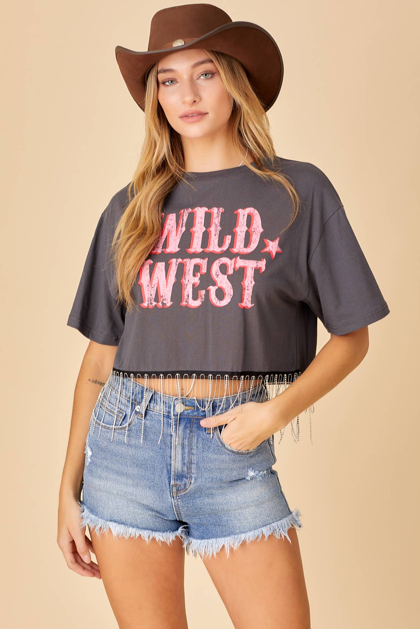 CHARCOAL WILD WEST CROP TOP WITH CHAIN FRINGE DETAIL for wholesale on Faire2