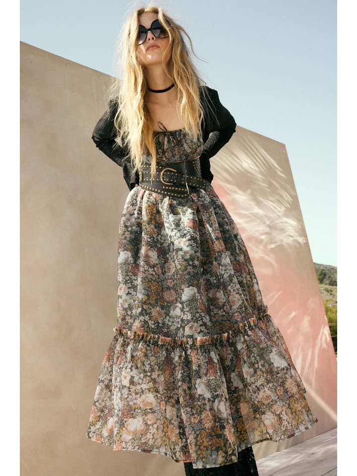 BLACK Floral Organza Ruffled Fit-and-Flare Maxi Dress for wholesale on Faire4