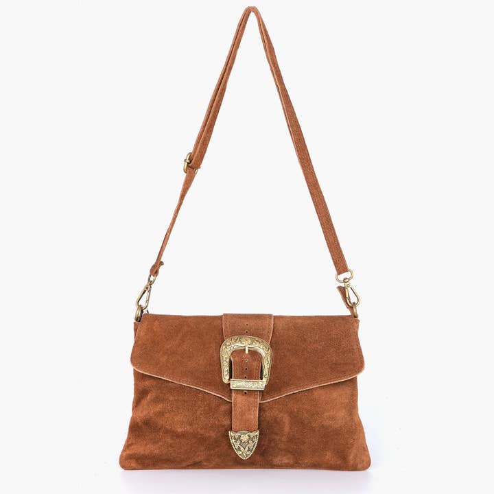 Buckle Clutch Bag Italian Suede Leather in Tan for wholesale by Sarta