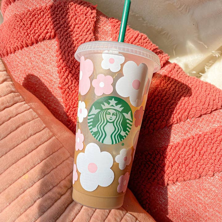 Lovely JEN's Designs - Wholesale Drinking Glass/Cup - Pink Retro Flowers Starbucks Cup