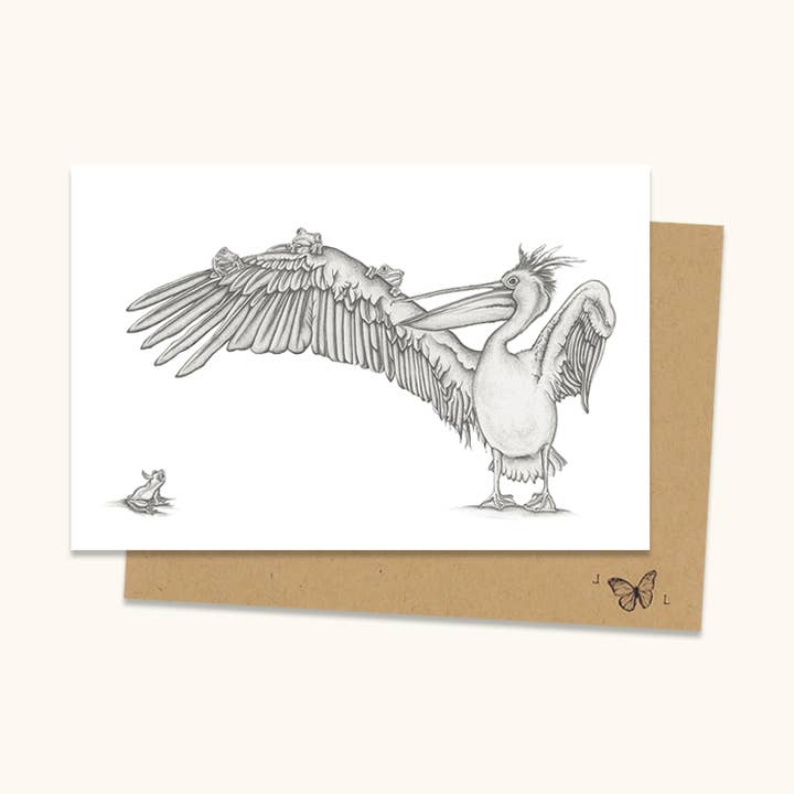 Classic Greeting Card - Pelican express (Pelican & frogs) for wholesale by Laura Luke
