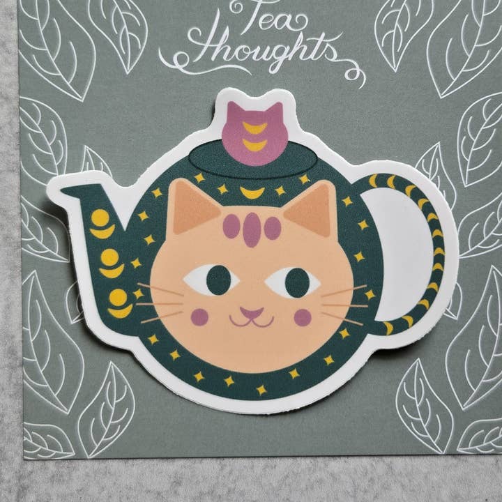 Pegatina de vinilo de tetera con gato para venta al por mayor de Tea Thoughts
