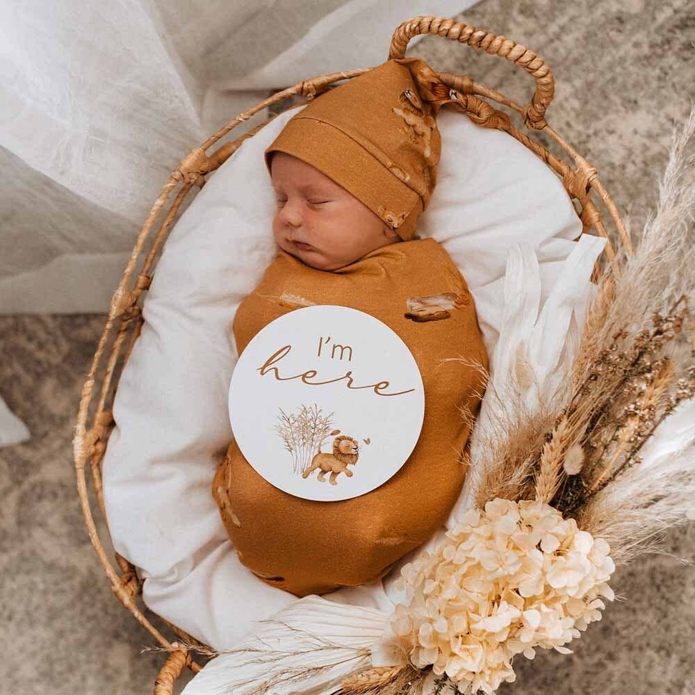 Snuggle Hunny – wholesale Milestone art/keepsake – Child & baby – Lion & Sunrise Gold Reversible Milestone Cards1