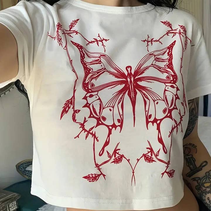 Women Gothic Y2K Butterfly Print Crop Top Tee and other Purchase Wholesale custom made shirts. Free Returns & Net 60 Terms on Faire trending on Faire.