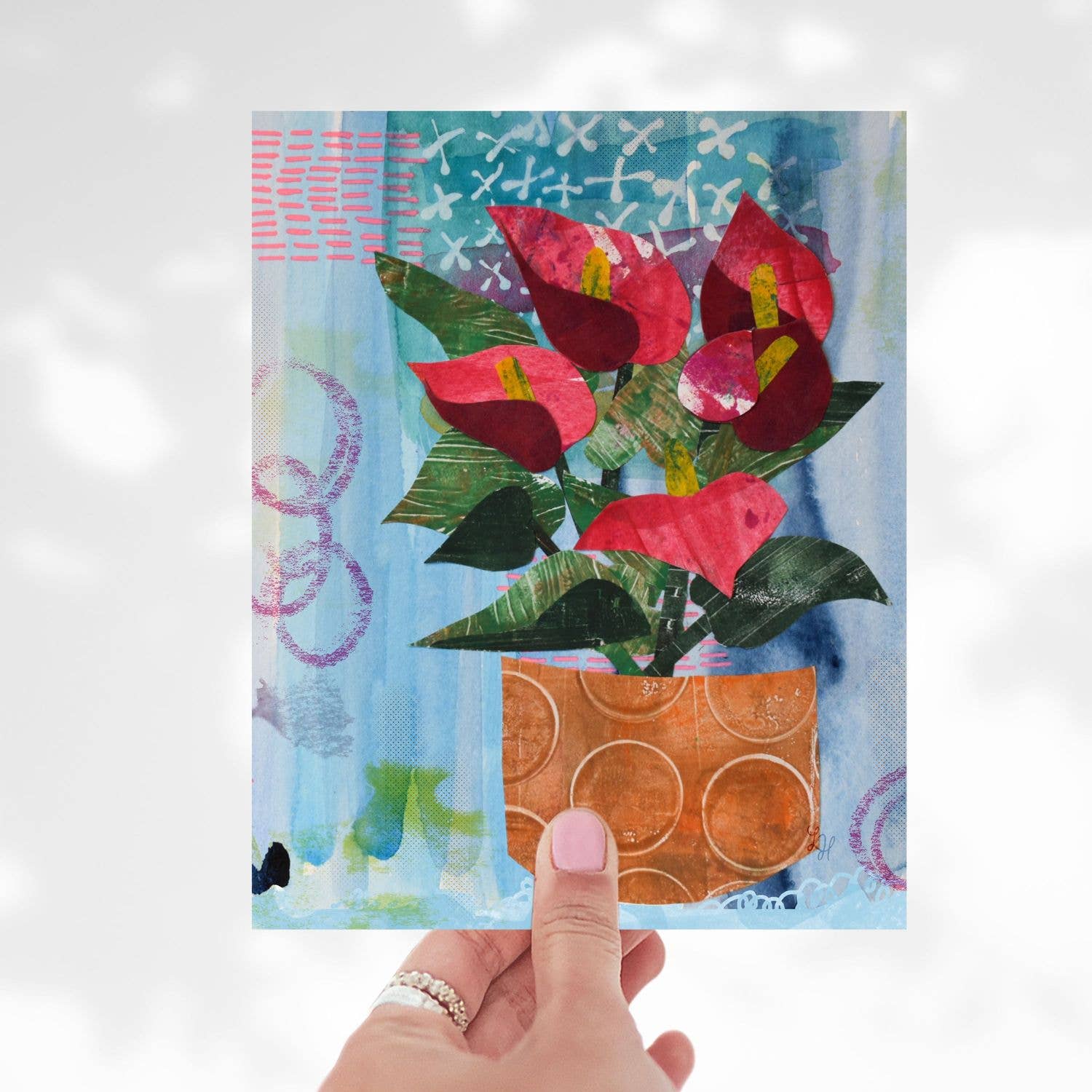 LinHopArt - Wholesale Art Print - Anthurium Plant: Mixed Media Collage- Fine Art Print 1