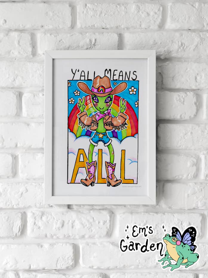 Y'all Means All Fine Art Print | Gay Alien Cowboy Y2K Art for wholesale by Em's Garden