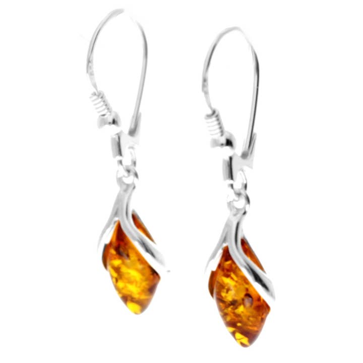 Cognac 925 Sterling Silver & Genuine Baltic Amber Modern Drop Earrings - AE12 for wholesale on Faire1