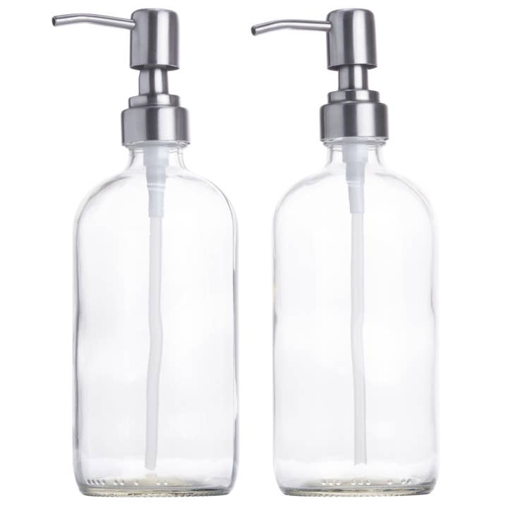 Flacon pompe rond Boston en verre transparent argenté de 16 oz - paquet de 2 pour la vente par Focus Nutrition