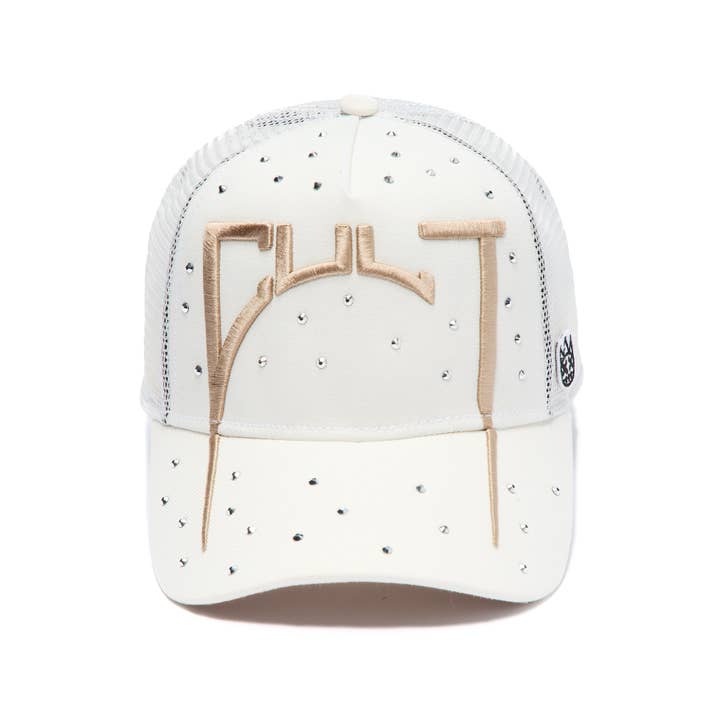 Cult's Mesh Back Trucker Hat "Cult Arch Logo" In White for wholesale by Cult of Individuality
