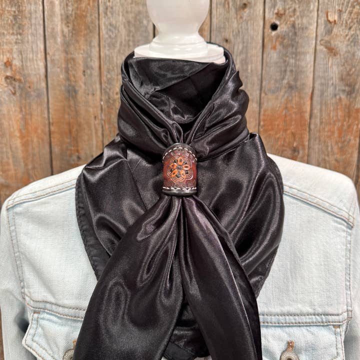 Rodeo Drive - Wholesale Scarf - Unisex - 35X35" Solid Black Wild Rag / Scarf - Tooled Leather Wild Rag Slides - Assorted5