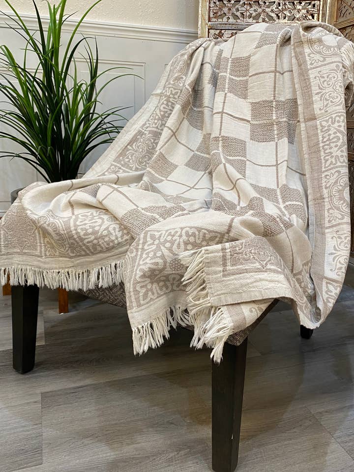 Highgrove - Throw Blanket - 100% Cotton - 51X67 - Sevila Beige for wholesale by Elite Home Fashions