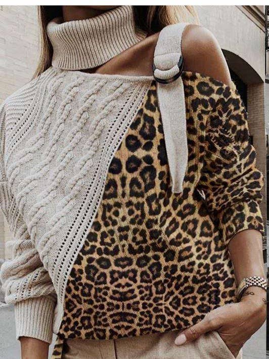 TREND SHOP - Wholesale Knit Sweater - Women's - COLD SHOULDER TRENDY LEOPARD PATTERN AND CABLE KNIT SWEATER0
