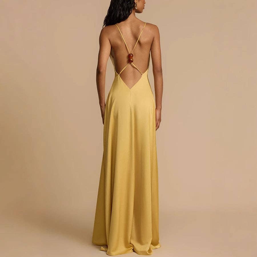 Gold 2025 NEW Summer Sexy Satin Backless VNeck Maxi Dress for wholesale on Faire10