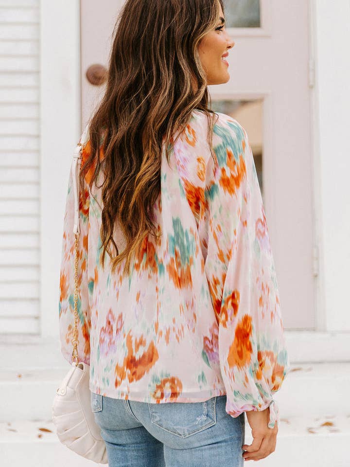 Multicolor Abstract Print Split Neck Puff Sleeve Blouse for wholesale on Faire