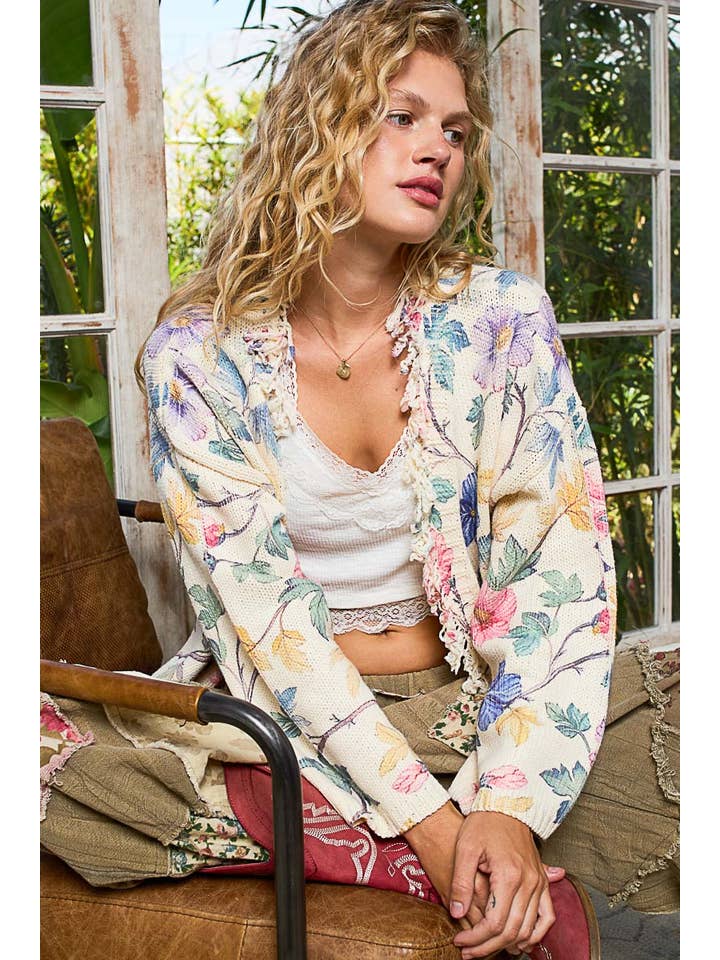 CREAM V-neck long sleeve floral print sweater cardigan top for wholesale on Faire1