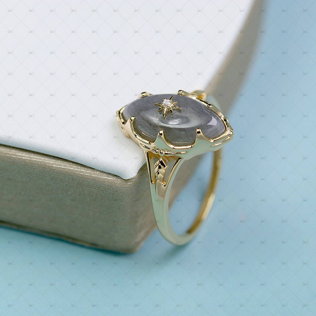 Gioiellin - S925 Silver Jewelry – Anel de cocktail/declaração por atacado – Anel Labradorite Oval Cinzento Estrela S925 Prata 14k com Banhado a Ouro 14k2