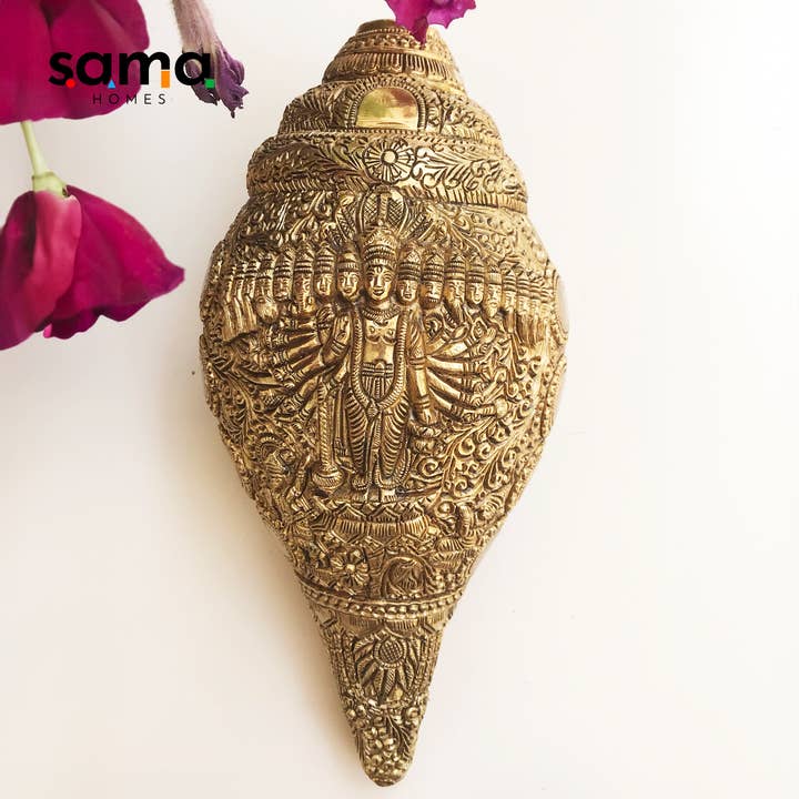 SAMA Homes - Wholesale Wall Accent - Vishnu 18 Faces Brass Conch Wall Hanging Shell, Hand Carved Hindu Religious Symbol