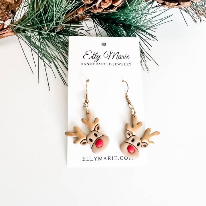 Jolly Reindeer Clay Earrings for wholesale by Elly Marie Jewelry
