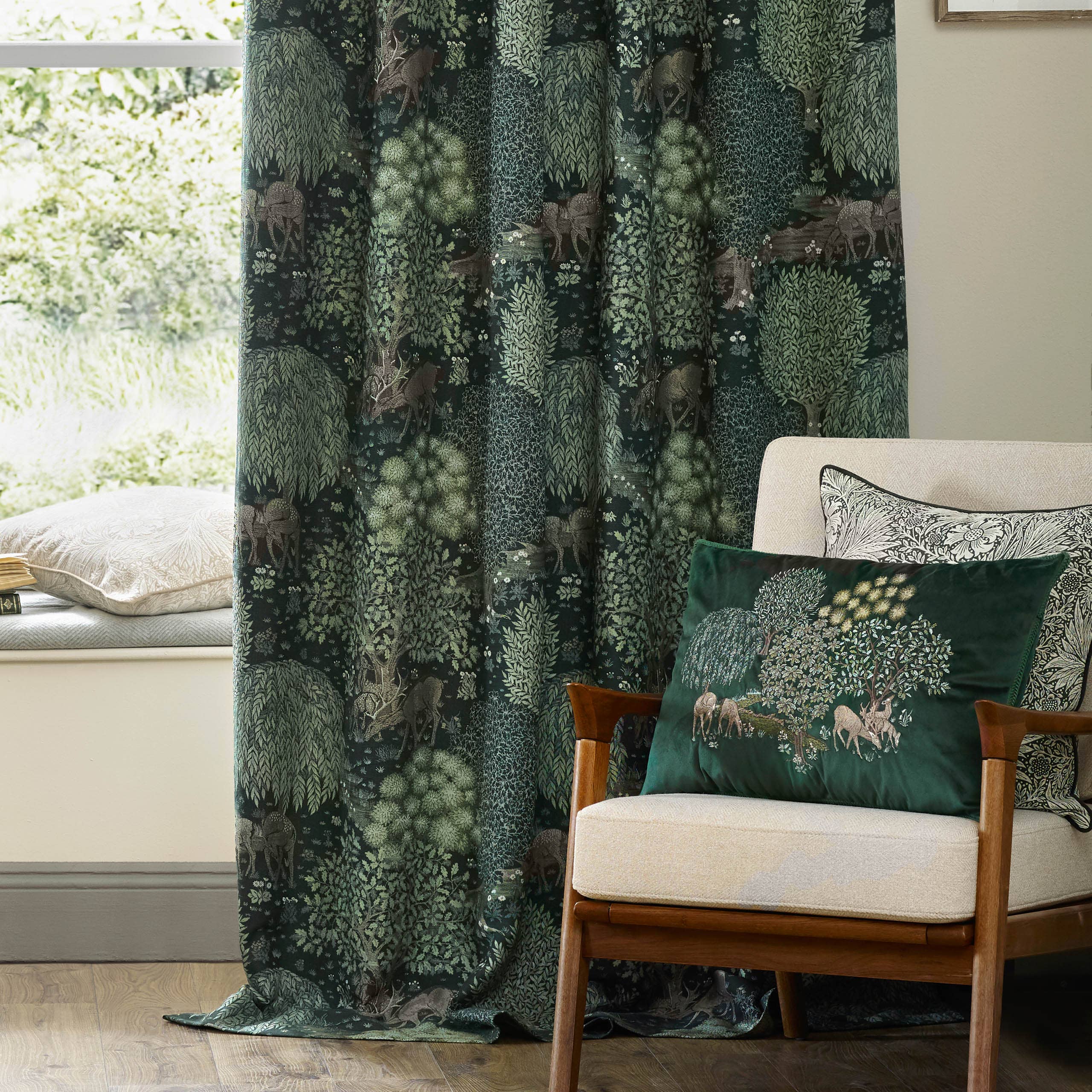 Brook Woodland Jacquard Pencil Pleat Curtains Forest Green for wholesale on Faire3