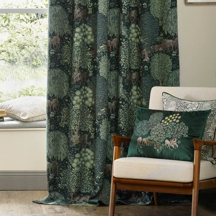 Brook Woodland Jacquard Pencil Pleat Curtains Forest Green for wholesale on Faire3
