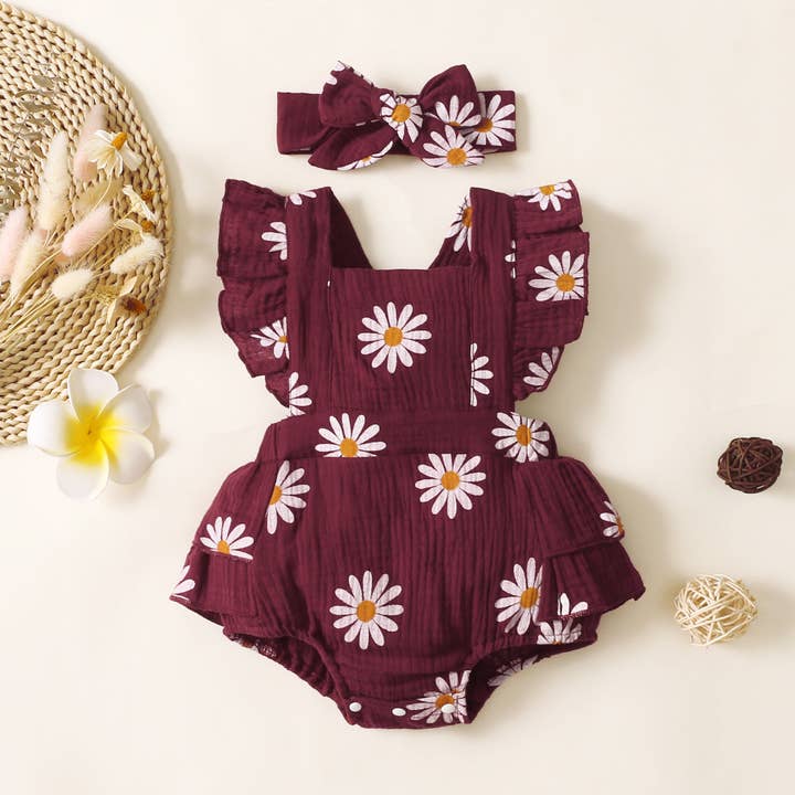PatPat - Wholesale Bodysuit (Non-Footed) - Baby - 100% Cotton 2pcs Daisy Print Crepe Fabric Baby Romper Set