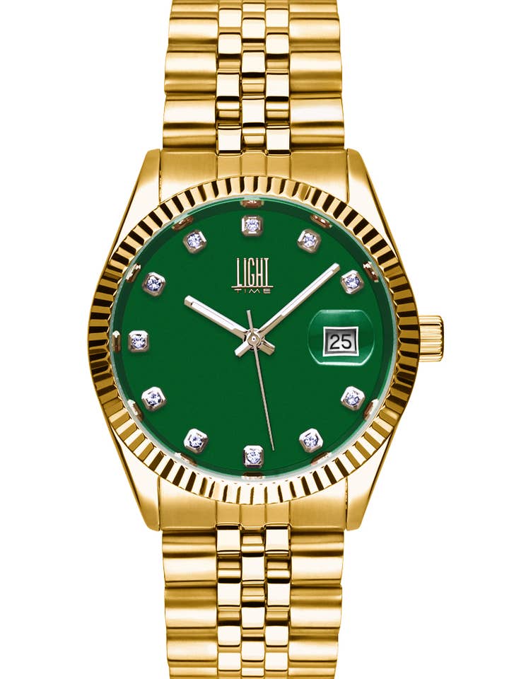 Relógio feminino Light Time Timeless Colors L225G-VE com mostrador verde e pulseira em aço dourado por atacado de Light Time