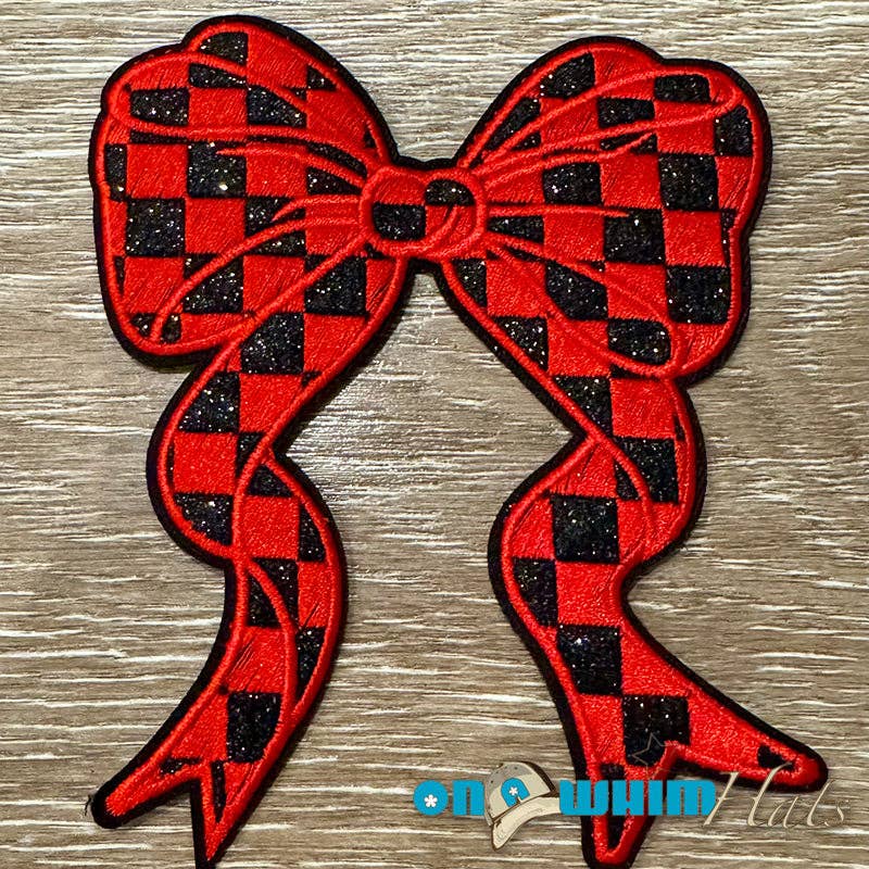 On a Whim Hats - Wholesale Patch - Large Black and Red Checkered Bow Iron-On Patch0